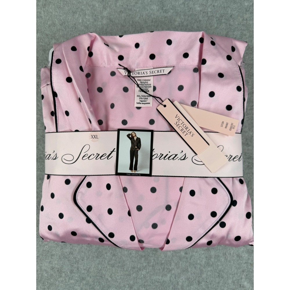 Victoria's Secret XXL Pink Polka Dot Satin Long Pajama Set 2 Piece Sleepwear NWT